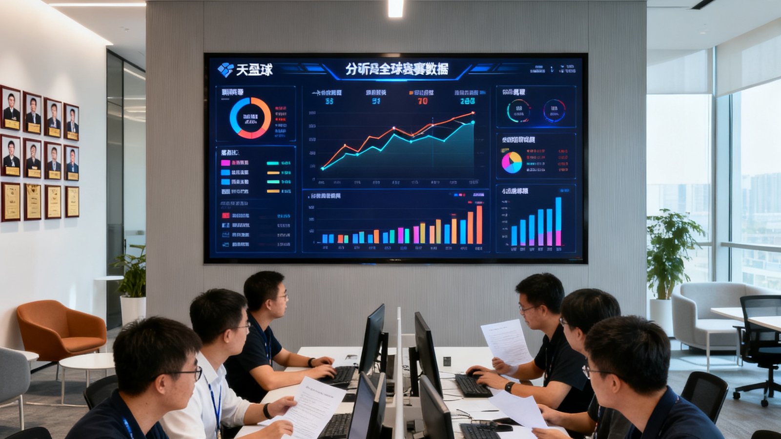 天天盈球团队在北京中关村现代办公室中协作分析全球赛事数据的工作场景，大屏幕显示实时数据仪表盘